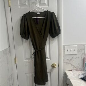 Women's Olive Puff-Sleeve Wrap Midi Dress
